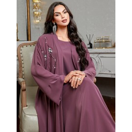 [Handmade Beaded Abaya Set] 3136 Handmade Beaded Abaya Set for Women - Lavender Long Tunic with Golden Accents, Includes Camisole and Outerwear, Perfect for Spring/Summer, Casual Elegant Wear, Elegant Attire | Beaded Embellishments | Nonstretch Fabric
