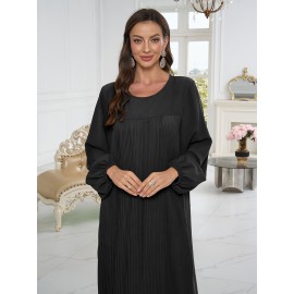 1pc Elegant holiday fashion versatile loose pleated rear zipper solid color suitable for daily wear comfortable casual loose comfortable Women's abaya dress.abayas for women muslim long sleeve dresses for women long frocks for women