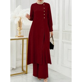 [Ramadan Top Set] Ramadan Solid Color Long Sleeve Top and Pants Set | Arabic Style, Polyester, with Faux Button Detail, for All Seasons, Women's