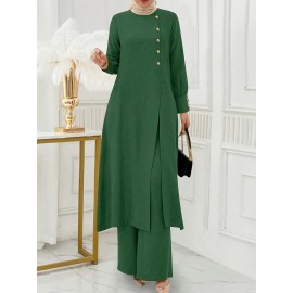 [Ramadan Top Set] Ramadan Solid Color Long Sleeve Top and Pants Set | Arabic Style, Polyester, with Faux Button Detail, for All Seasons, Women's