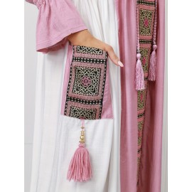 New Design Directional Palace Style Heavy Embroidery Pink Tassel Pendant Ruffle Elastic Three-Quarter Sleeve Double-Pocket Gown for Saudi National Day