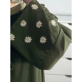 1pc Women's Islamic Abaya Dress - Elegant Hijab Outfit with Cuff Floral embroidery, Navy Blue Arabicrobe, Loose Fit Non-Stretch Muslim Dress for Daily Prayer, Office, Travel - No Scarf Needed, Modest Apparel, Quality Embroidery Detail