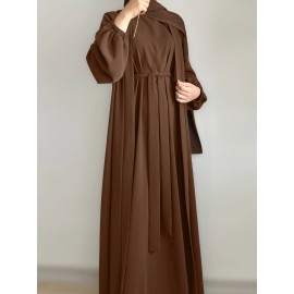3pcs Traditional Middle Eastern Abaya Dress Set - Long Sleeve, Belted Waist, Solid Color, Non-Stretch Fabric, Spring/Summer/Fall Wear, Includes Cardigan, Dress, and Headscarf, Cultural Attire|Traditional Attire|Belted Waist Dress