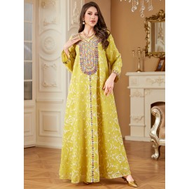 Elegant Floral Sequin Embroidered Long Sleeve Dress - Traditional Middle Eastern Style, Polyester Lined, All-Season Wear