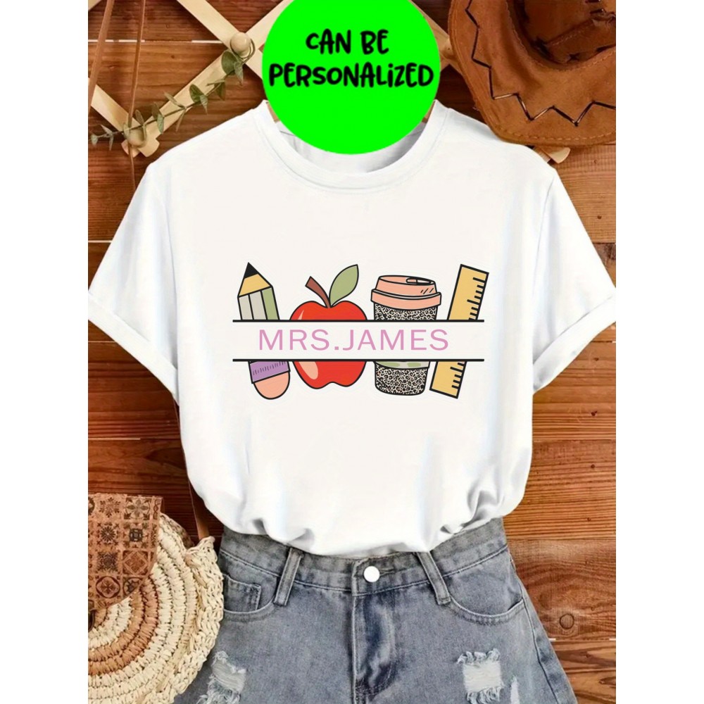 Customizable Women's T-Shirt with Personalized Text - Teacher Appreciation Gift, Fruit & Veggie Design, White, Short Sleeve, Machine Washable, Personalized Clothing | Custom Print Shirt | Durable Fabric, Custom T Shirt