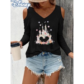 Women'S Disney Princess Graphic Off-Shoulder Long Sleeve T-Shirt - V-Neck, Black with Colorful Floral Crown & Castle Design, Perfect for Spring/Fall, Disney Shirts