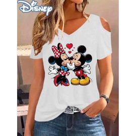 [Disney Minnie Mouse T-Shirt] Disney Minnie Mouse & Mickey Mouse Graphic T-Shirt for Women - Cute Cartoon Print V-Neck Off-Shoulder Short Sleeve Tee, Black with Red Bow & Hearts Design, Summer Casual Top, Disney Shirts