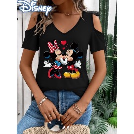 [Disney Minnie Mouse T-Shirt] Disney Minnie Mouse & Mickey Mouse Graphic T-Shirt for Women - Cute Cartoon Print V-Neck Off-Shoulder Short Sleeve Tee, Black with Red Bow & Hearts Design, Summer Casual Top, Disney Shirts