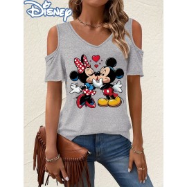 [Disney Minnie Mouse T-Shirt] Disney Minnie Mouse & Mickey Mouse Graphic T-Shirt for Women - Cute Cartoon Print V-Neck Off-Shoulder Short Sleeve Tee, Black with Red Bow & Hearts Design, Summer Casual Top, Disney Shirts