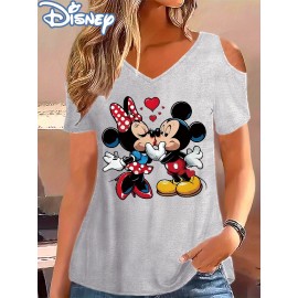 [Disney Minnie Mouse T-Shirt] Disney Minnie Mouse & Mickey Mouse Graphic T-Shirt for Women - Cute Cartoon Print V-Neck Off-Shoulder Short Sleeve Tee, Black with Red Bow & Hearts Design, Summer Casual Top, Disney Shirts