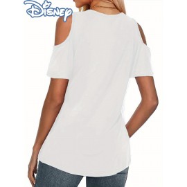 [Disney Minnie Mouse T-Shirt] Disney Minnie Mouse & Mickey Mouse Graphic T-Shirt for Women - Cute Cartoon Print V-Neck Off-Shoulder Short Sleeve Tee, Black with Red Bow & Hearts Design, Summer Casual Top, Disney Shirts