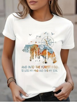 [Nature Print Women's T-Shirt] Nature-Inspired Geometric Print Women's Casual Short Sleeve T-Shirt | Breathable Semi-Sheer Fabric, Forest Scene with Trees, Birds & Compass Design, Machine Washable, Regular Fit for Outdoor Camping & Casual Attire