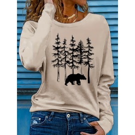 Women's Casual Long Sleeve Crew Neck T-Shirt - Forest Graphic Print with Pine Trees & Bear Silhouette, Medium Stretch Machine-Washable Top for Spring/Fall, Regular Fit Nature-Inspired Casual Attire, Allseason Apparel, Mediumelastic Fabric