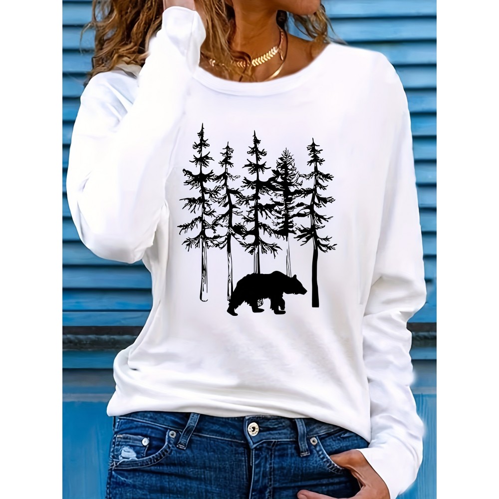 Women's Casual Long Sleeve Crew Neck T-Shirt - Forest Graphic Print with Pine Trees & Bear Silhouette, Medium Stretch Machine-Washable Top for Spring/Fall, Regular Fit Nature-Inspired Casual Attire, Allseason Apparel, Mediumelastic Fabric