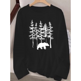 Women's Casual Long Sleeve Crew Neck T-Shirt - Forest Graphic Print with Pine Trees & Bear Silhouette, Medium Stretch Machine-Washable Top for Spring/Fall, Regular Fit Nature-Inspired Casual Attire, Allseason Apparel, Mediumelastic Fabric
