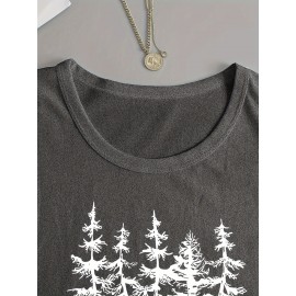 Women's Casual Long Sleeve Crew Neck T-Shirt - Forest Graphic Print with Pine Trees & Bear Silhouette, Medium Stretch Machine-Washable Top for Spring/Fall, Regular Fit Nature-Inspired Casual Attire, Allseason Apparel, Mediumelastic Fabric