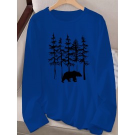 Women's Casual Long Sleeve Crew Neck T-Shirt - Forest Graphic Print with Pine Trees & Bear Silhouette, Medium Stretch Machine-Washable Top for Spring/Fall, Regular Fit Nature-Inspired Casual Attire, Allseason Apparel, Mediumelastic Fabric