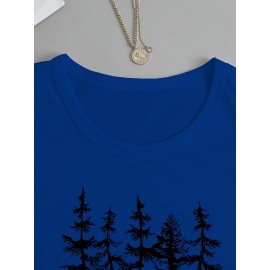 Women's Casual Long Sleeve Crew Neck T-Shirt - Forest Graphic Print with Pine Trees & Bear Silhouette, Medium Stretch Machine-Washable Top for Spring/Fall, Regular Fit Nature-Inspired Casual Attire, Allseason Apparel, Mediumelastic Fabric
