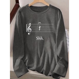 Women's Black Music Note Graphic Print Long Sleeve T-Shirt - Soft Stretch Polyester Crew Neck Casual Top with 