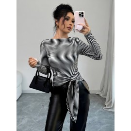 [Casual Striped T-Shirt] Polyester Women's Casual Striped T-Shirt with Tie-Front Detail | Black & White Vertical Stripes, Long Sleeve, Round Neck, Perfect for Spring/Fall, Everyday Fashion, Casual Wear