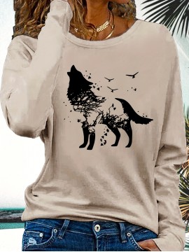 [Wolf Graphic Print Crew Neck Tee] 1pc Casual Wolf Graphic Print Long Sleeve Crew Neck T-Shirt - Polyester Top with Slight Stretch - Animal Pattern Pullover for All Seasons