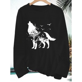 [Wolf Graphic Print Crew Neck Tee] 1pc Casual Wolf Graphic Print Long Sleeve Crew Neck T-Shirt - Polyester Top with Slight Stretch - Animal Pattern Pullover for All Seasons
