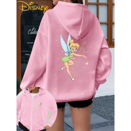 New Disney Tinker Bell Fairy Print Double-Sided Design, Women's Hooded Sweatshirt with Zipper and Drawstring, Long Sleeve Round Neck Pullover Hoodie - Stylish Casual Versatile Long Sleeve Hoodie with Dual Pockets