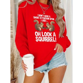 Women'S Plus Size Cartoon Squirrel Graphic Sweatshirt - Casual Long Sleeve Crew Neck, Machine Washable Polyester, Fall/Winter Sportswear with Funny Squirrel Applique Design