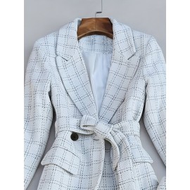 [Chic Plaid Suit] Long Sleeve Plaid Midi Suit Jacket and Skirt Set, Chic Women's Halter Dress Outfit