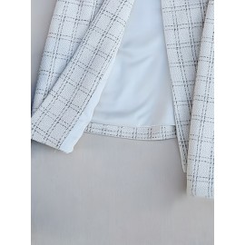 [Chic Plaid Suit] Long Sleeve Plaid Midi Suit Jacket and Skirt Set, Chic Women's Halter Dress Outfit