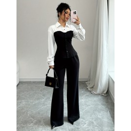 Women'S Elegant Two-Piece Outfit: Color Block Long Sleeve Shirt + Wide-Leg Pants, Polyester Blend, All-Season Wear, Casual Attire|Elegant Two-Piece|Polyester Blend