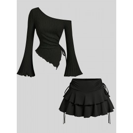 [Casual Off-Shoulder Top] Off-Shoulder Trumpet Sleeve Women's Casual Top with Ruffle Hem Skirt Set