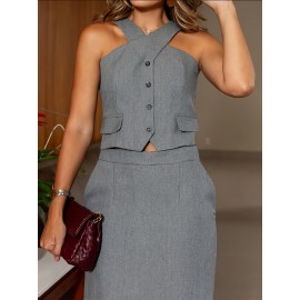[Elegant Two-Piece Set] Elegant Solid Color Women's Sleeveless Cross Vest Top and Skirt Two-Piece Set