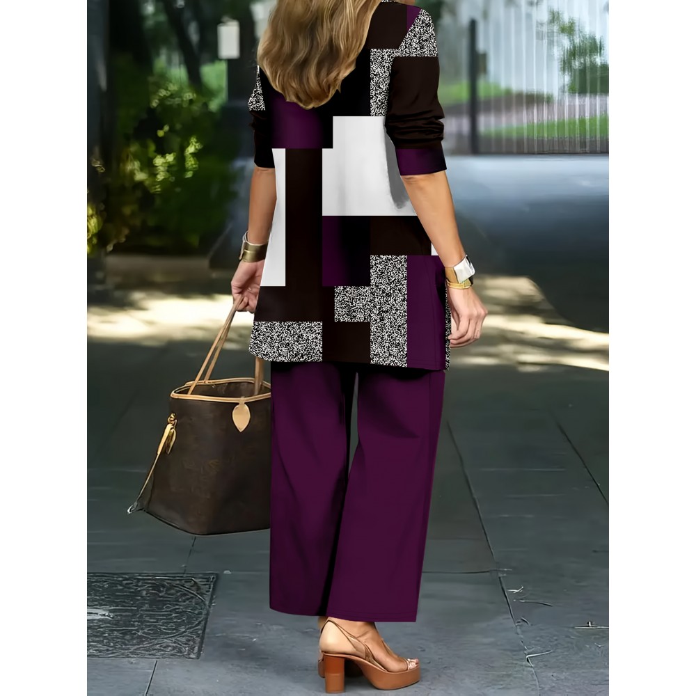 Spring and Summer Three-Piece Color-Block Print Set with Long Sleeve Jacket, Vest, and Pants for Women