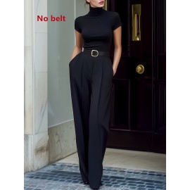 Timeless Turtleneck Top & High-Waisted Trousers Set(No belt)