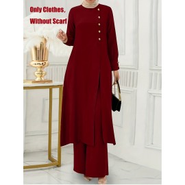 [Ramadan Top Set] Ramadan Solid Color Long Sleeve Top and Pants Set | Arabic Style, Polyester, with Faux Button Detail, for All Seasons, Women's