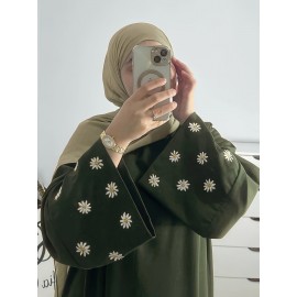 1pc Women's Islamic Abaya Dress - Elegant Hijab Outfit with Cuff Floral embroidery, Navy Blue Arabicrobe, Loose Fit Non-Stretch Muslim Dress for Daily Prayer, Office, Travel - No Scarf Needed, Modest Apparel, Quality Embroidery Detail