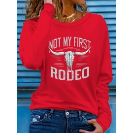 Women'S Western Bull Skull Graphic Long Sleeve T-Shirt - Stretchy Polyester Blend, Casual Crew Neck, Spring/Summer Vacation Top with 