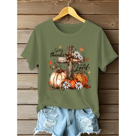 [Thanksgiving Christian Faith] Women's Thanksgiving Christian Faith T-Shirt | Pumpkin Cross Design Give Thanks | Lightweight Orange Fall Church Outfit | Harvest Season Spring/Summer Apparel