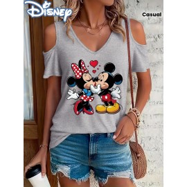 [Disney Minnie Mouse T-Shirt] Disney Minnie Mouse & Mickey Mouse Graphic T-Shirt for Women - Cute Cartoon Print V-Neck Off-Shoulder Short Sleeve Tee, Black with Red Bow & Hearts Design, Summer Casual Top, Disney Shirts