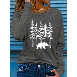 Women's Casual Long Sleeve Crew Neck T-Shirt - Forest Graphic Print with Pine Trees & Bear Silhouette, Medium Stretch Machine-Washable Top for Spring/Fall, Regular Fit Nature-Inspired Casual Attire, Allseason Apparel, Mediumelastic Fabric
