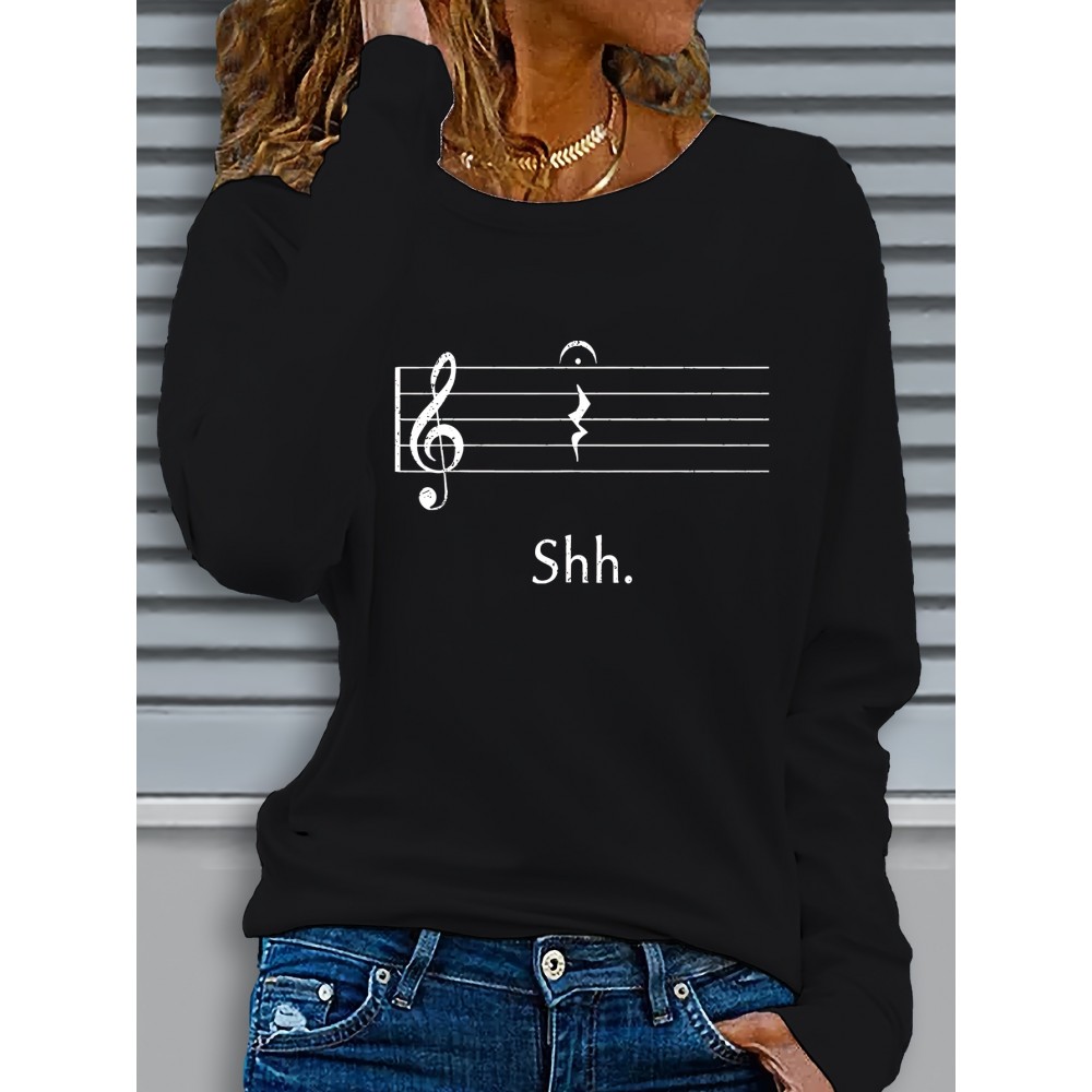 Women's Black Music Note Graphic Print Long Sleeve T-Shirt - Soft Stretch Polyester Crew Neck Casual Top with 