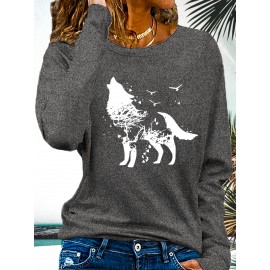 [Wolf Graphic Print Crew Neck Tee] 1pc Casual Wolf Graphic Print Long Sleeve Crew Neck T-Shirt - Polyester Top with Slight Stretch - Animal Pattern Pullover for All Seasons
