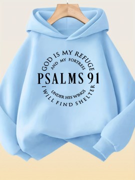 [Cozy Christian Faith Hoodie] 100% Polyester Cozy Women's Pink Christian Faith Hooded Sweatshirt with Psalm 91 Bible Verse Print | Machine-Washable Pullover for Casual Wear | Inspirational Religious Apparel for Fall/Winter Layering