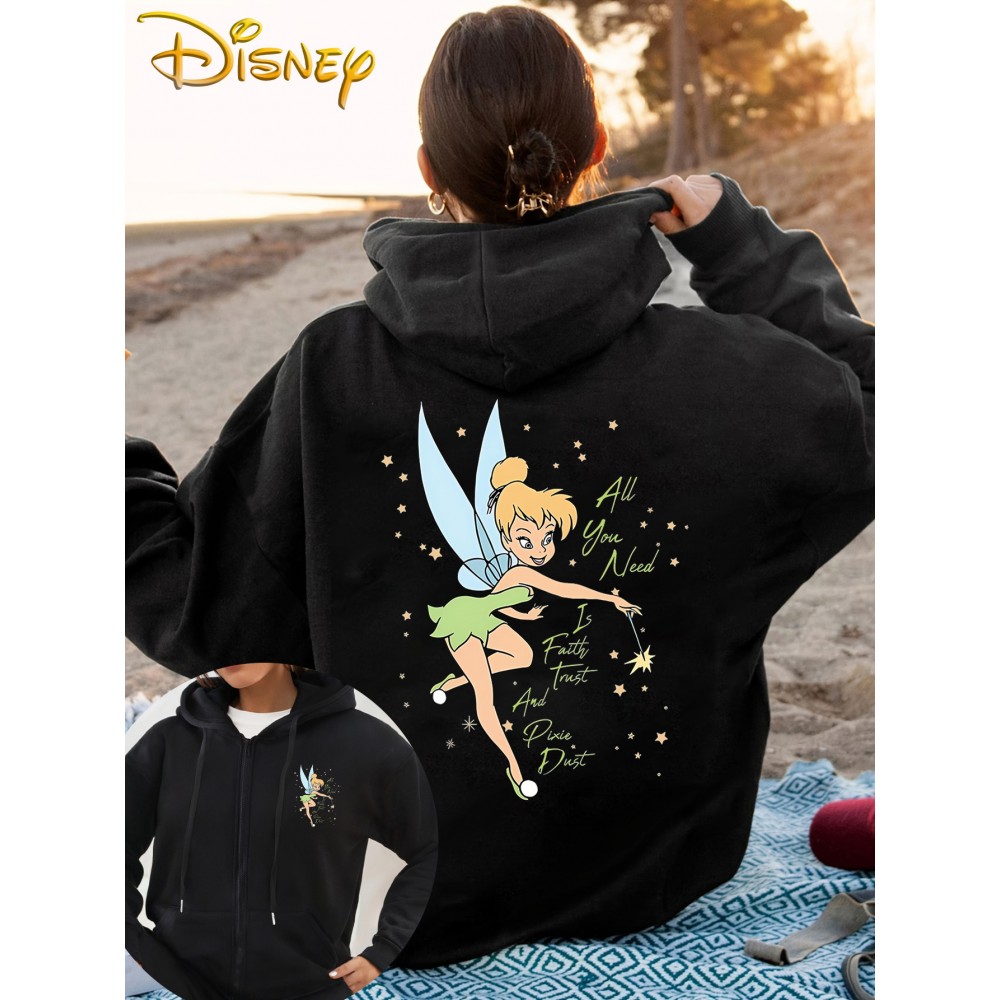 New Disney Tinker Bell Fairy Print Double-Sided Design, Women's Hooded Sweatshirt with Zipper and Drawstring, Long Sleeve Round Neck Pullover Hoodie - Stylish Casual Versatile Long Sleeve Hoodie with Dual Pockets