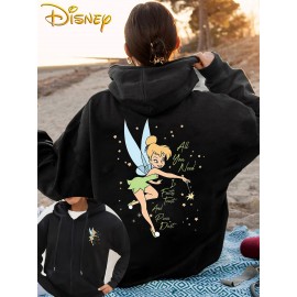New Disney Tinker Bell Fairy Print Double-Sided Design, Women's Hooded Sweatshirt with Zipper and Drawstring, Long Sleeve Round Neck Pullover Hoodie - Stylish Casual Versatile Long Sleeve Hoodie with Dual Pockets