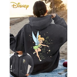 New Disney Tinker Bell Fairy Print Double-Sided Design, Women's Hooded Sweatshirt with Zipper and Drawstring, Long Sleeve Round Neck Pullover Hoodie - Stylish Casual Versatile Long Sleeve Hoodie with Dual Pockets