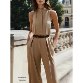 Elegant High Neck Sleeveless Waistcoat & Wide-Leg Pants Set - Chic Spring/Summer Outfit, Solid Color, Regular Fit, Perfect for Casual Or Formal Occasions, Casual Chic Outfit | High Neck Waistcoat | Belted Waistcoat, Ladies Pant Sets