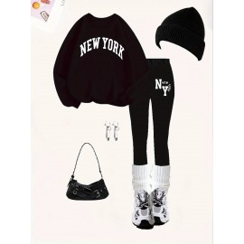 2pcs Set Women'S Casual New York Monogram Print Long Sleeve Knitted Polyester Spandex Crew Neck Sweatshirt & Sweatpants Set, Comfortable Stretch Fabric, 250g/m² 230g/m², for Fall, Winter, Outdoor Use