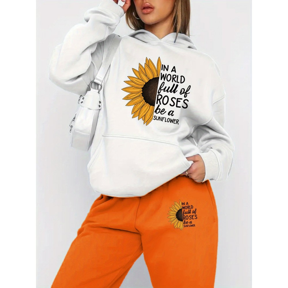 Autumn Winter New Arrival, Sunflower Creative Letter Print Hoodie Sweatshirt and Pants Two-Piece Set, Casual Style, with Pocket, for Women, Fall/Winter Collection, Graphic Design, Long Sleeve, Comfortable Fit, Perfect for Outdoor